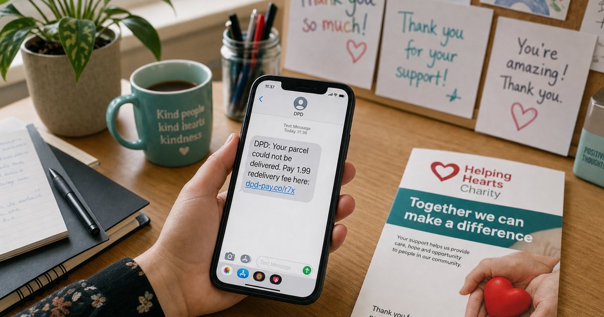 Small charity office desk with a phone showing a fake DPD redelivery text message next to a Helping Hearts Charity leaflet