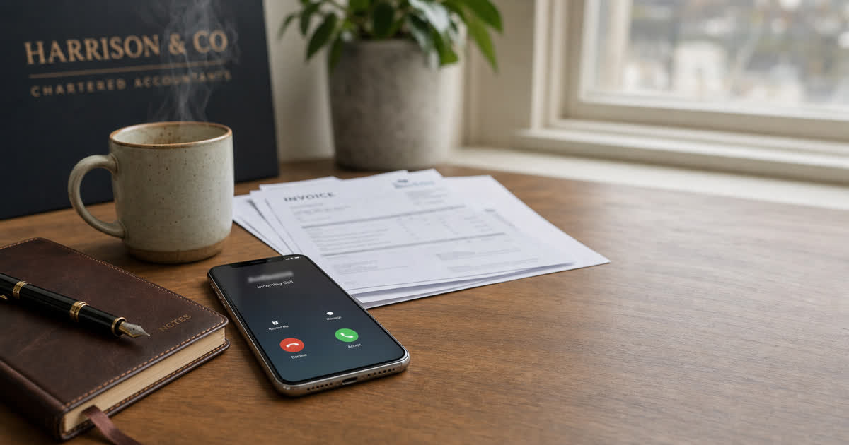 Accountancy practice desk with an incoming call lighting up the phone screen