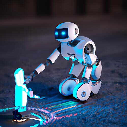 A ai robot kneeling on the floor