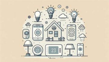 Illustration of smart home devices by Inology IT, IT Support Manchester, showcasing smart thermostat, lighting, and hub