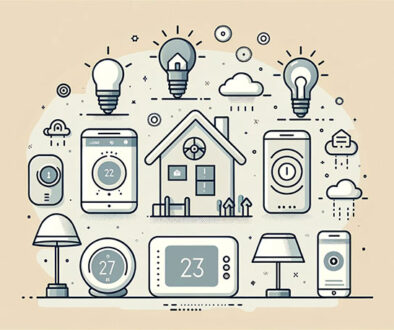 Illustration of smart home devices by Inology IT, IT Support Manchester, showcasing smart thermostat, lighting, and hub