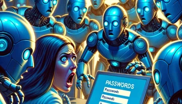 A woman terrified as blue robots demanding passwords emerge from her computer screen, highlighting the need for secure password managers by Inology IT.