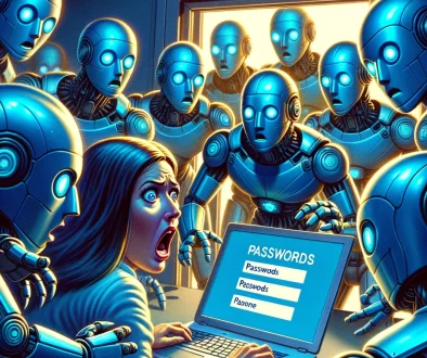 A woman terrified as blue robots demanding passwords emerge from her computer screen, highlighting the need for secure password managers by Inology IT.