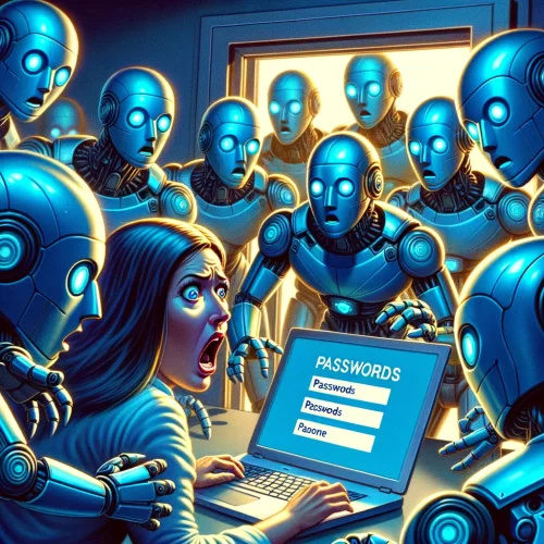 A woman terrified as blue robots demanding passwords emerge from her computer screen, highlighting the need for secure password managers by Inology IT.
