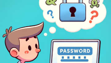 Cartoon character creating a strong password on a computer screen - Inology IT cybersecurity tips