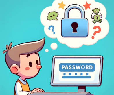 Cartoon character creating a strong password on a computer screen - Inology IT cybersecurity tips