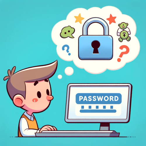 Cartoon character creating a strong password on a computer screen - Inology IT cybersecurity tips