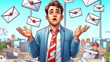 Inology IT cartoon showing a confused employee juggling personal and business emails, depicting the risks of personal email for business communication