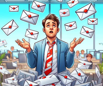 Inology IT cartoon showing a confused employee juggling personal and business emails, depicting the risks of personal email for business communication