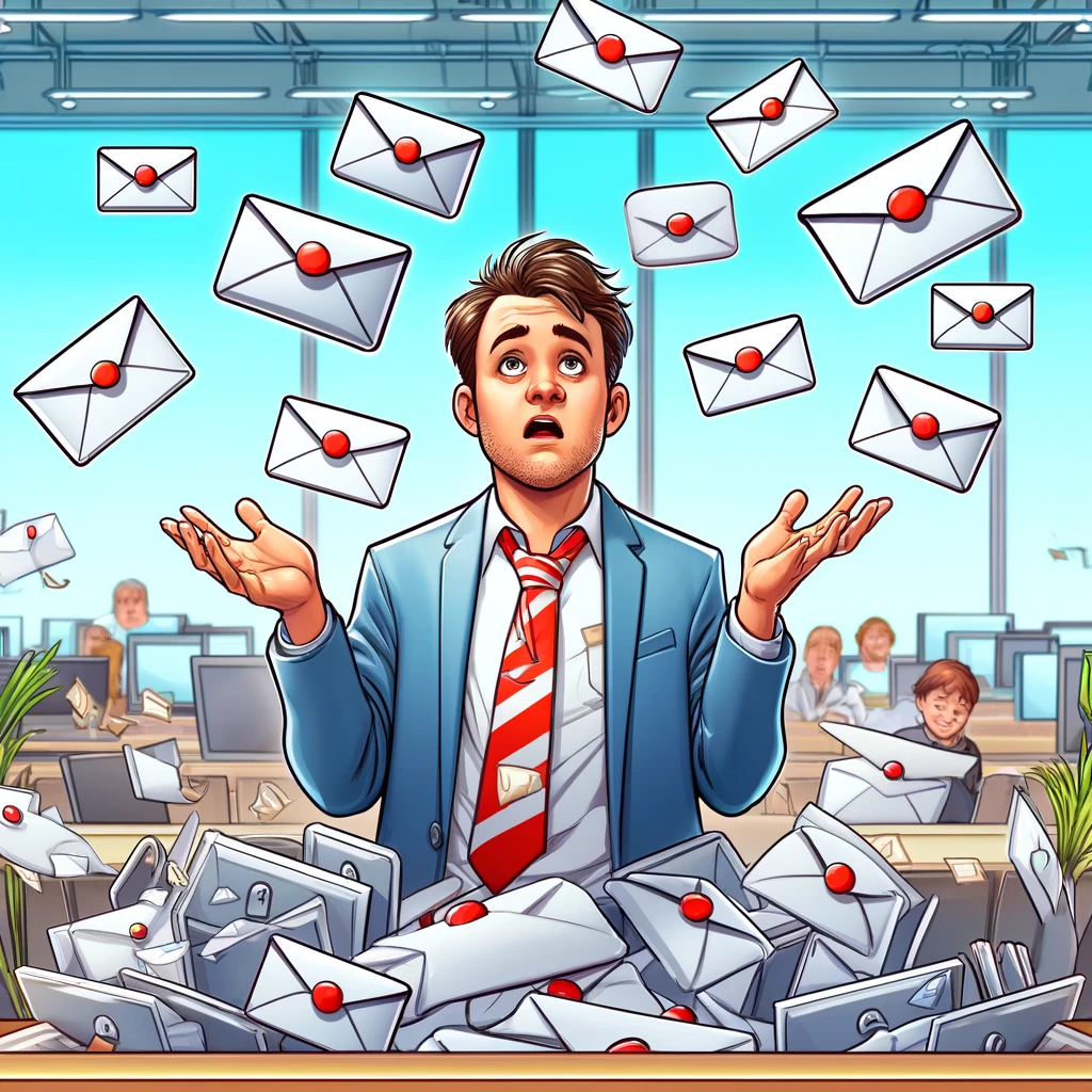 Inology IT cartoon showing a confused employee juggling personal and business emails, depicting the risks of personal email for business communication