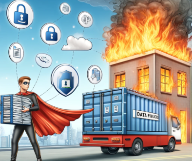 Cartoon depicting a superhero safeguarding digital data from a burning warehouse, representing Inology IT's commitment to robust data security and disaster recovery planning